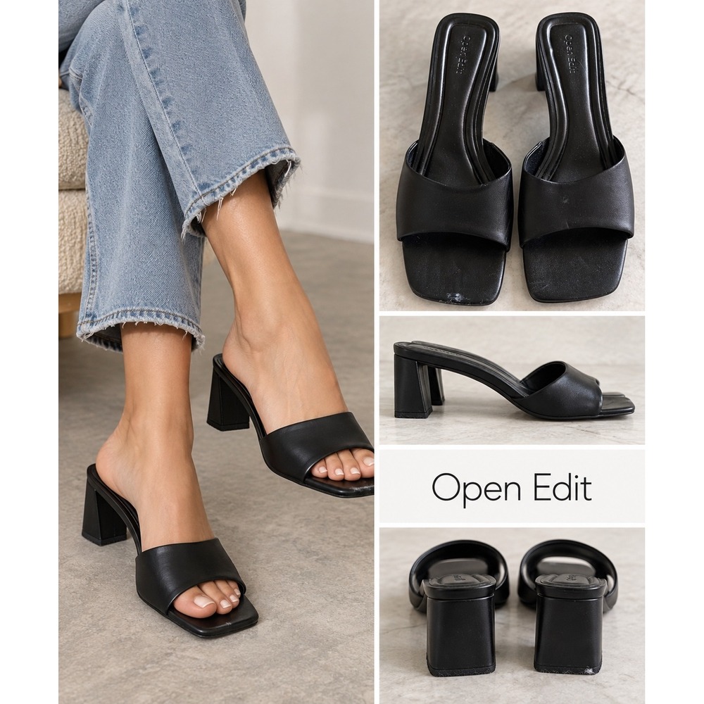 Open Edit Black Square Toe Block Heel Mule Sandals Minimalist Slip On Shoes